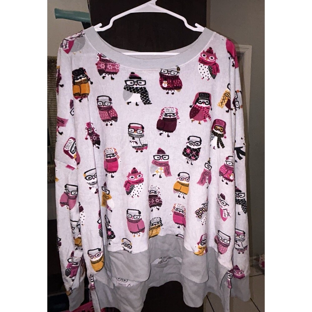 Secret Treasures Sleepwear Gray Owls Long Sleeve Soft Velour Top 2x(18W-20W)